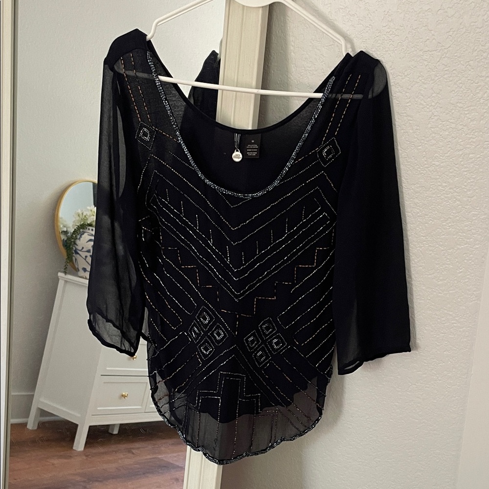 BKE Navy Sheer Blouse with Silver Accents